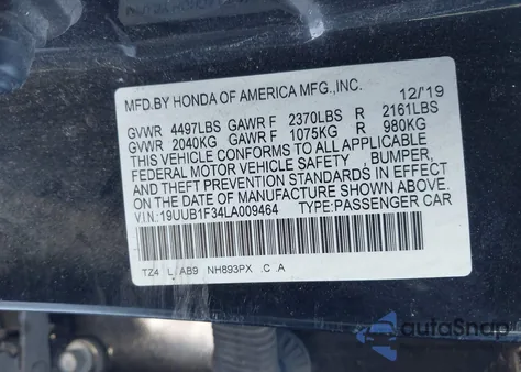 2020 Acura Tlx Standard z USA, uszkodzony, nr VIN 19UUB1F34LA009464